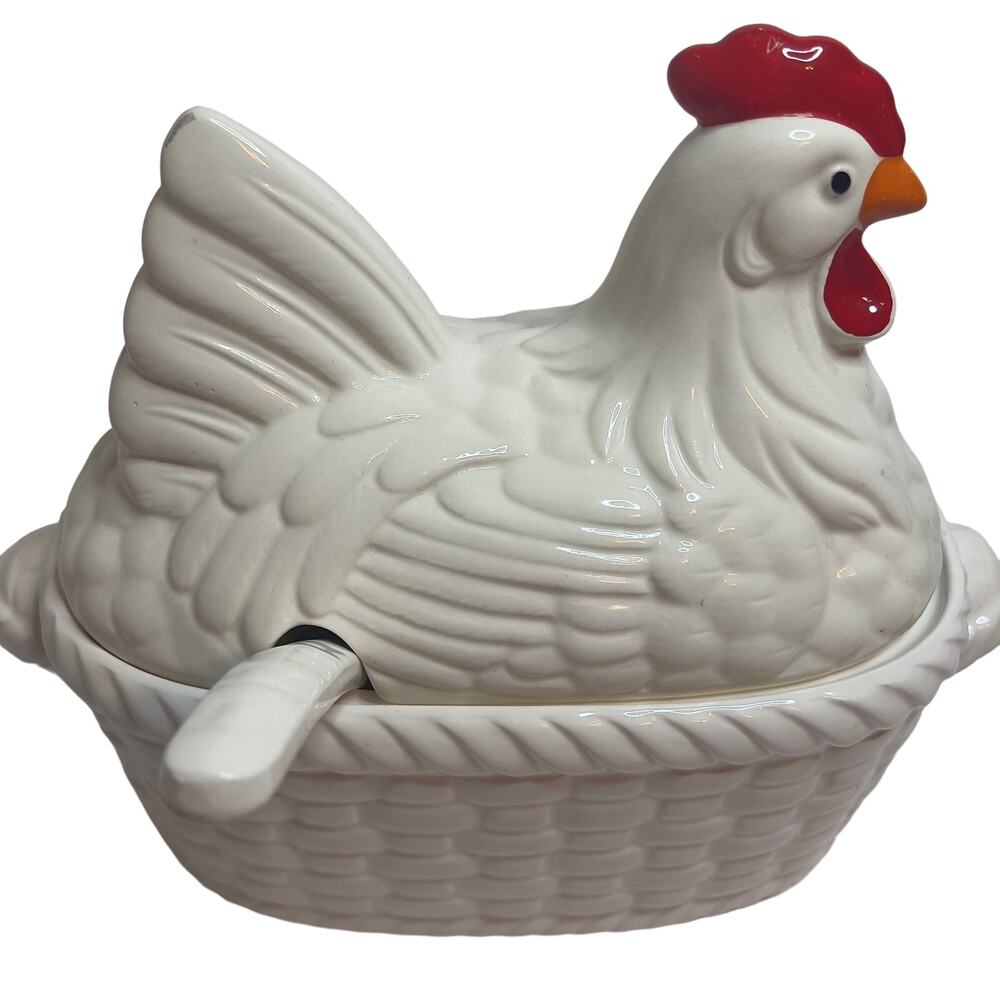 Made in Japan Chicken Hen Basket Ceramic Soup Farm Terrine w Spoon Cookie Jar